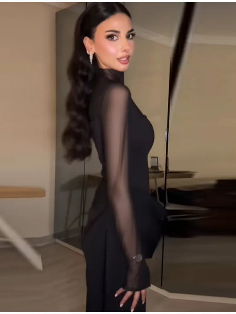 فستان نسائي مثير أسود شفاف أنيق برقبة عالية وأكمام طويلة فستان شبكي 2026 ملابس عصرية أنيقة للحفلات المسائية