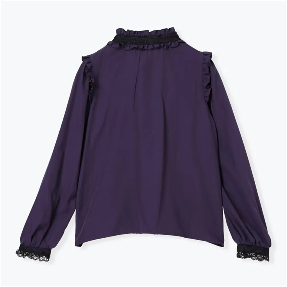 Japanese Style Daily Mine Mass-Produced Gothic Purple Long-sleeved Shirts Women Spring and Autumn Loose Embroidered Bow Blouses