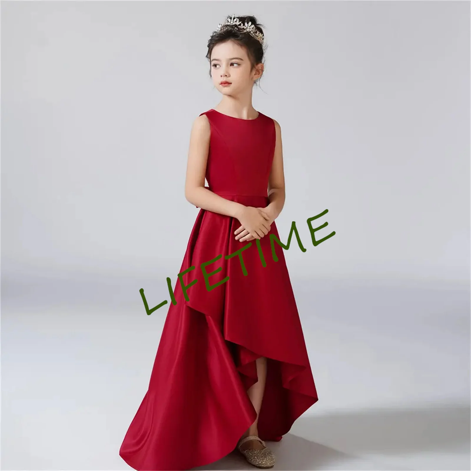 

High-Low O-Neck Girl Dress Satin Knee Length Junior Concert Birthday Party Pageant Gown Children wedding dress