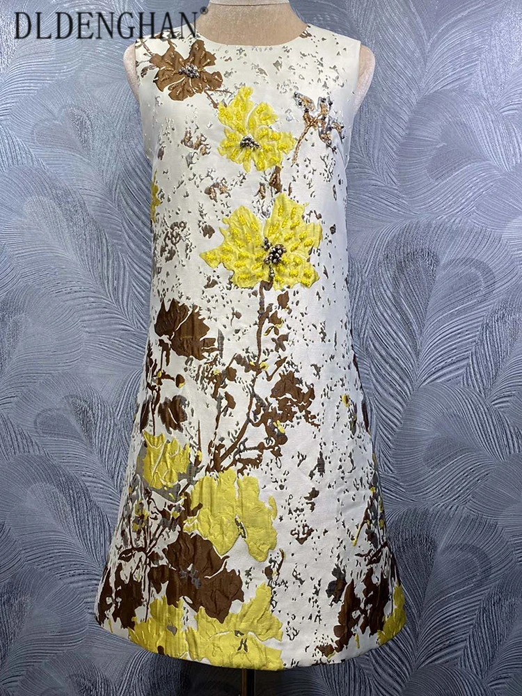 

DLDENGHAN женский жаккардовый жилет без рукавов с круглым вырезом и бисером, мини-платье, уличная одежда, ранняя осень, мода для женщин