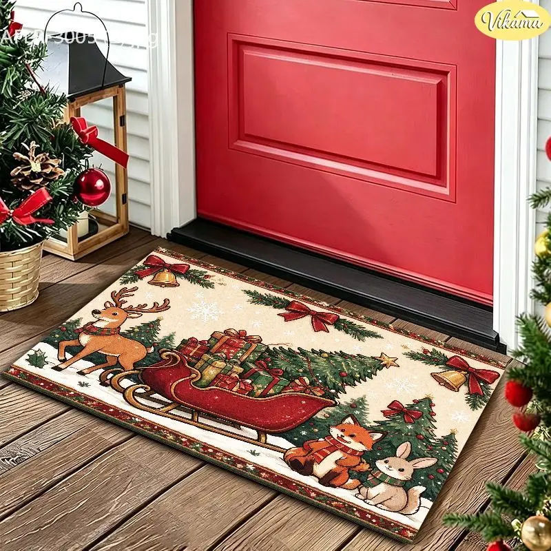 VIKAMA Reindeer Sleigh Fox Rabbit Tree Plush Velvet Door Mat Non Slip Welcome Rug for Christmas Soft Cozy Aesthetic Home Decor