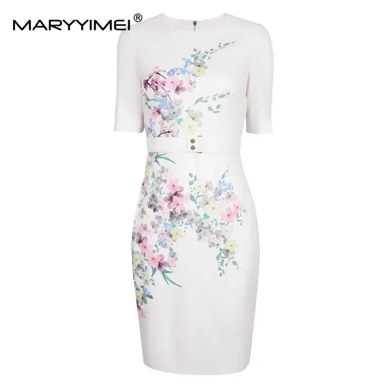 

MARYYIMEI Fashion Designer Summer Women's dress Short sleeved Floral-Print Slim Package hip Elegant Dresses