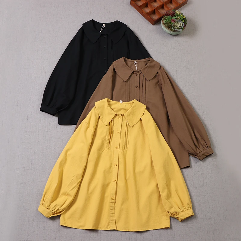 

Spring New Japanese Sweet Mori Girl Solid Color Shirts Women Turn Down Collar Long Sleeve Casual Loose Single Breasted Tops