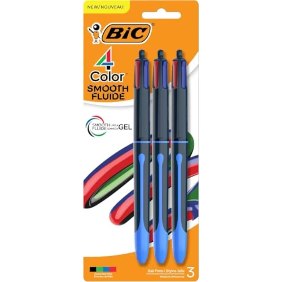 

4 Color Smooth Retractable Ballpoint Pen, 1.0 mm Point for Smooth Ink Flow, 3-Count Pack in Assorted Ink Colors