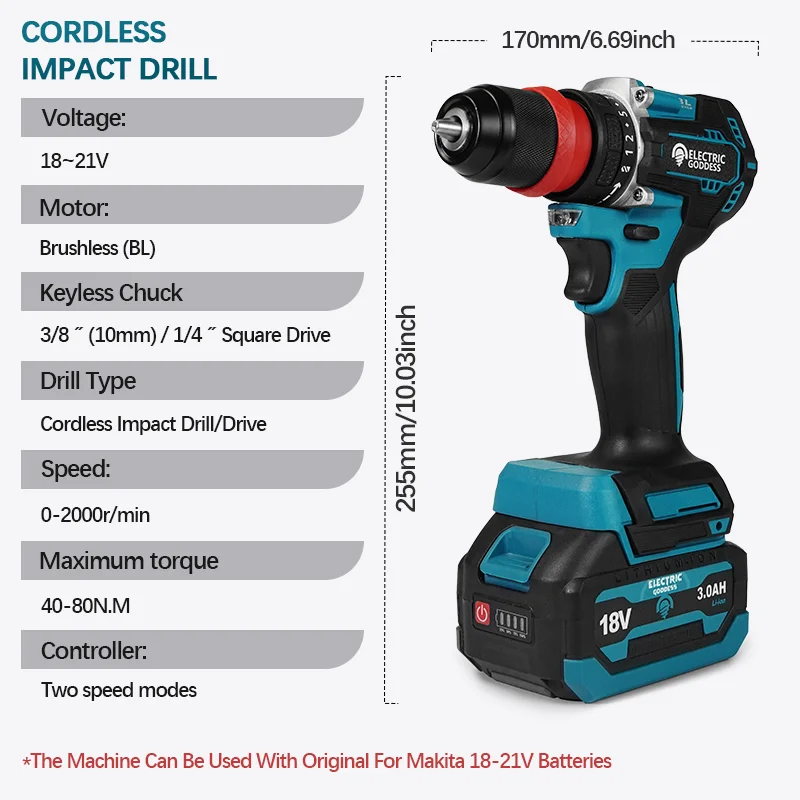 Electric Goddess Brushless Electric Impact Drill 2 Gear 10mm Cordless Efficient Electric Screwdriver Tool For Makita 18V Battery