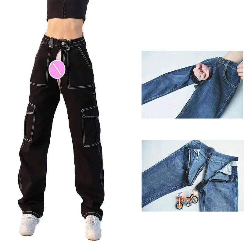 

Open Crotch Sex Pants Y2k Women's Casual Streetwear Fashion Pocket Trousers High-waisted Denim Trousers Black Baggy Jeans Women