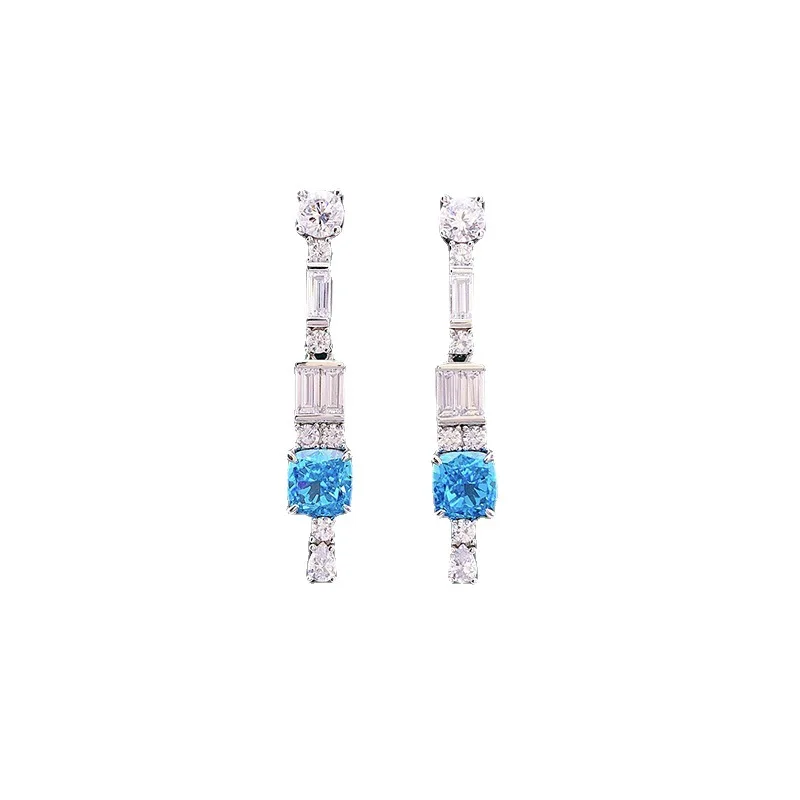 S925 Silver Ear Nail Ice Flower Cut 6 * 6 High Carbon Diamond Sea Blue Treasure Diamond Fashion Versatile Earring Jewelry