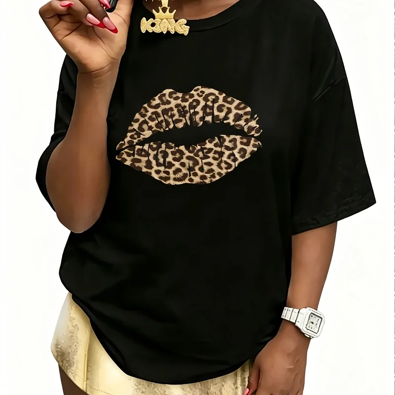 Ladies Leopard Lips Women's 100% Cotton T-Shirt Short Sleeve Top Casual Round Neck Fun Print Tee S-5Xl