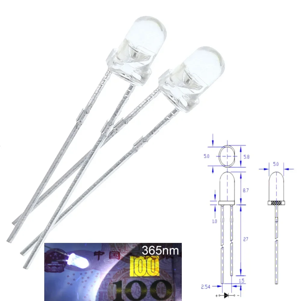 

10PCS UV 365nm LED Diode DIP 3mm 5mm Diodes Clear UV LED Ultraviolet Ultra Violet LED Kit