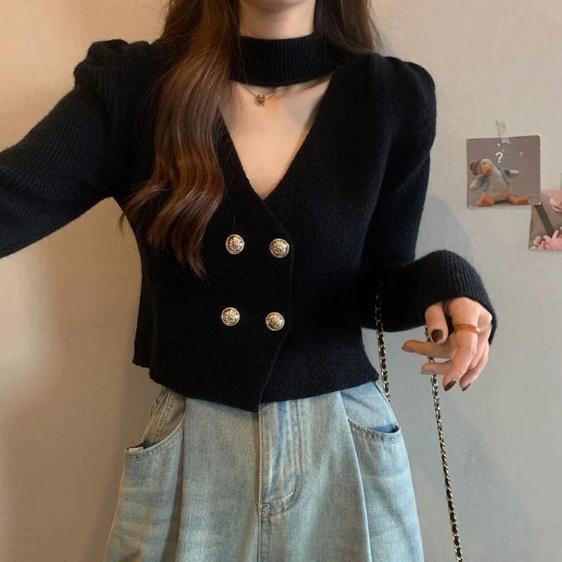 MEXZT Cropped Knitted Cardigan Women Sexy Black V Neck Sweater Coat Winter Korean White Halter Long Sleeve Knitwear Slim Jumpers