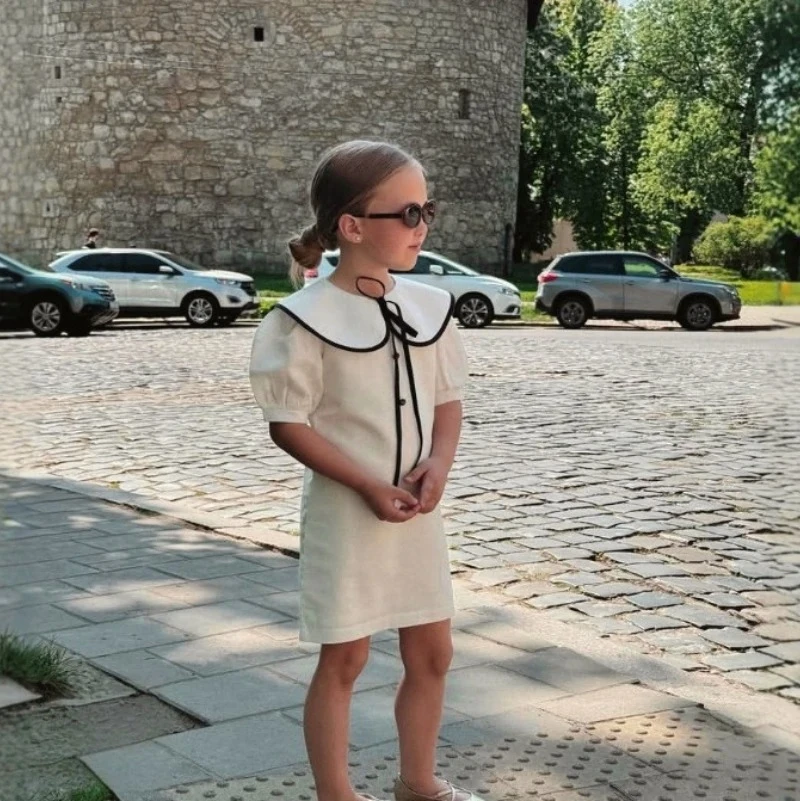 2026 INS Girls' Spring and Summer Cotton-Linen Colorblock Doll Collar Elegant British-French Style Princess Dress