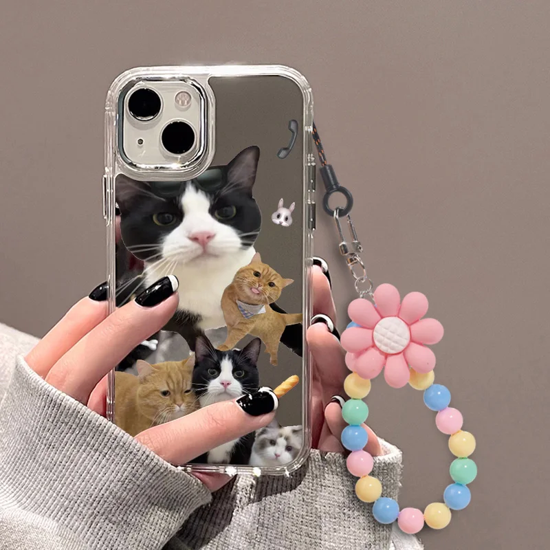 Cute Cat Makeup Mirror Phone Cases For iPhone 16 Case iPhone 15 Pro Max 14 11 12 13 Pro Beaded Bracelet Colorful Lanyard Cover