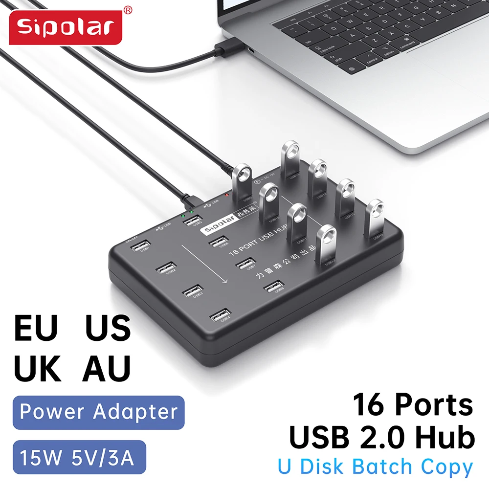 USB HUB 10 Port USB2.0 Hub High Speed Transmission U Disk Batch Copy with Power Adapter for Laptop Peripheral Expansion Sipolar