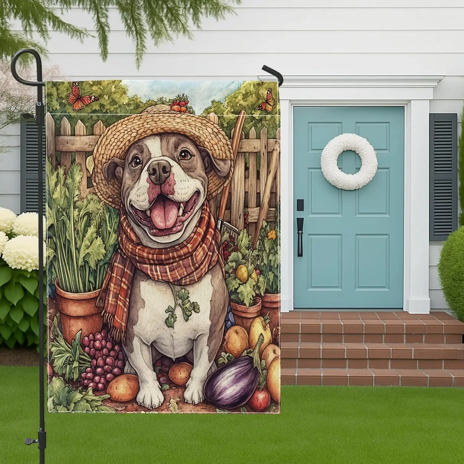Spring Pitbull Dog Gardening Garden Flags 12‘’x18’‘ Double Sided for Outside Decorative, Puppy Farmhouse Country Pattern Fro AAS