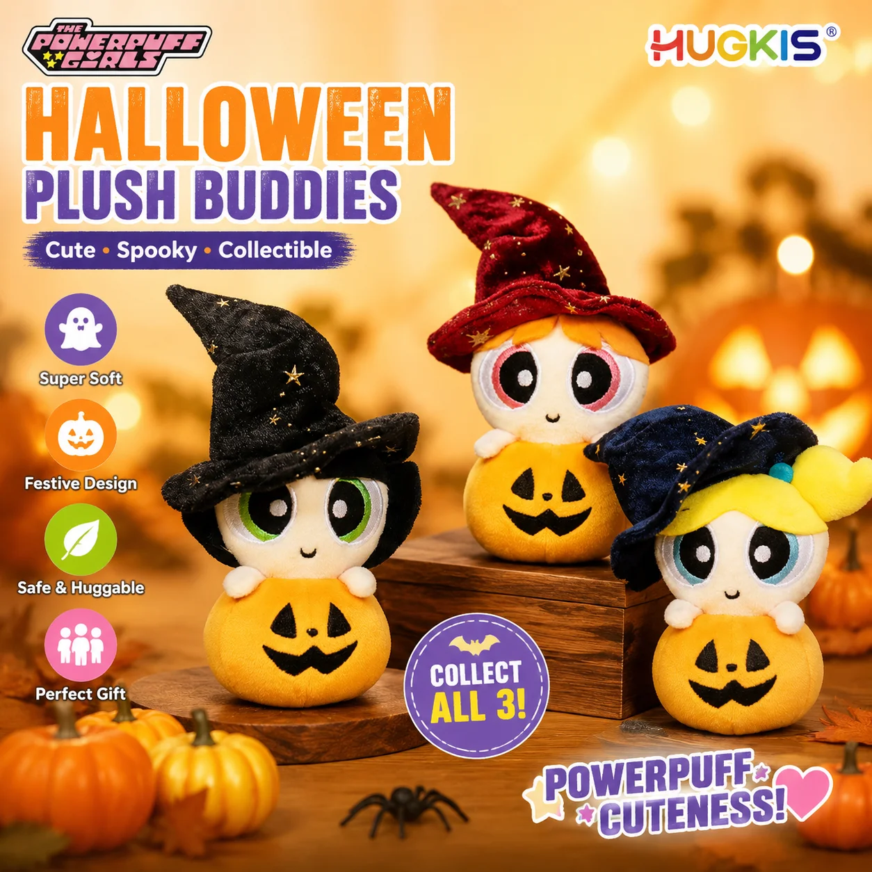 HUGKIS Powerpuff Girls Plush Keychain Halloween Pumpkin Bag Pendant Soft Stuffed Doll Holiday Gift For Adults