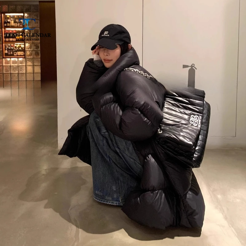 黒のダウンジャケット、ミディアム丈、90%ホワイトダックダウン、厚手で暖かい、多用途、スタンドカラー、ブレッドジャケット、レディース、2025年冬