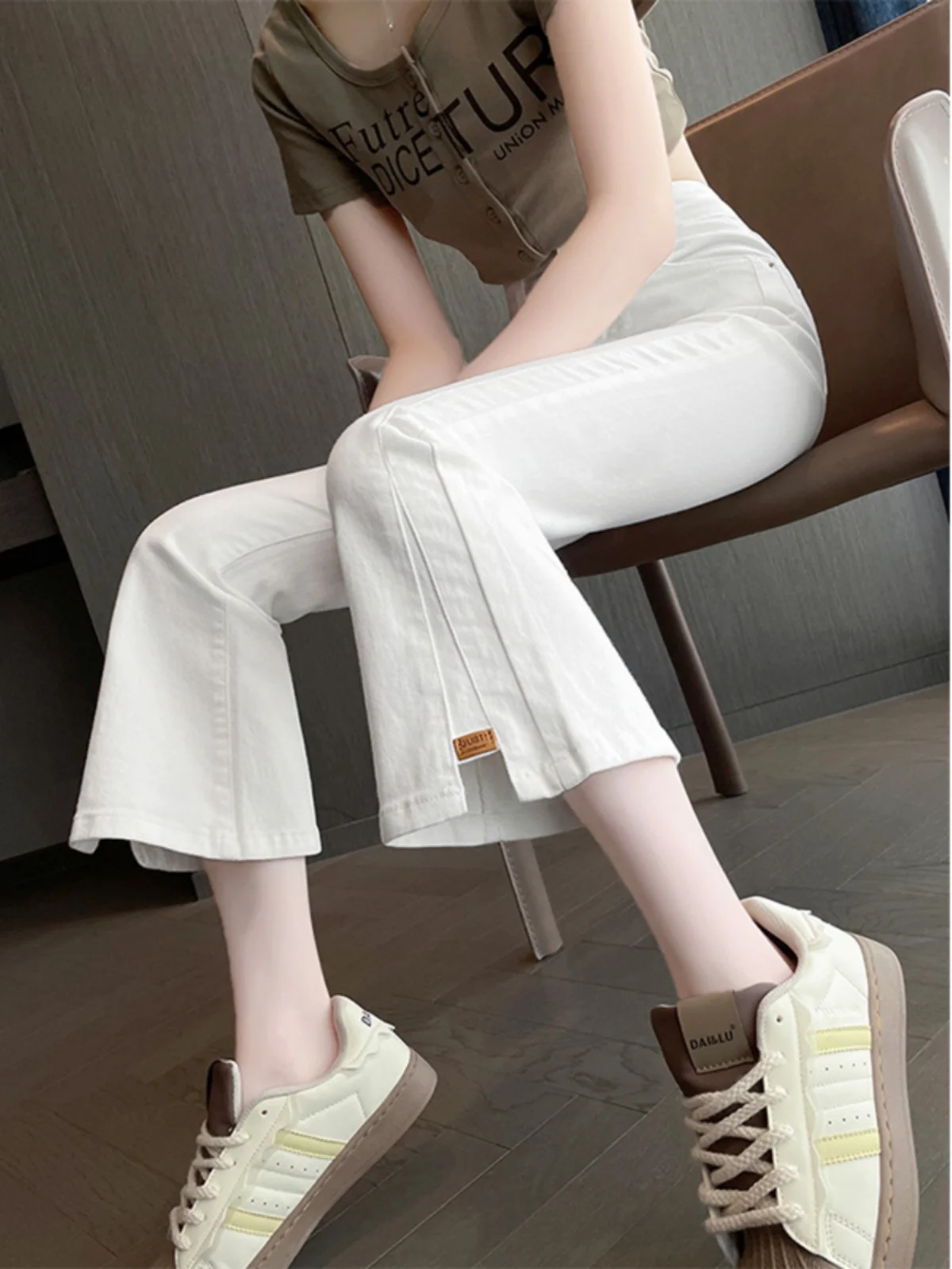 

Женские летние джинсы с высокой талией, облегающие, белые, с эффектом утягивания, новинка 2024 года, модель Sle Nine-Piece Bell Bot, смесь хлопка и полиэстера