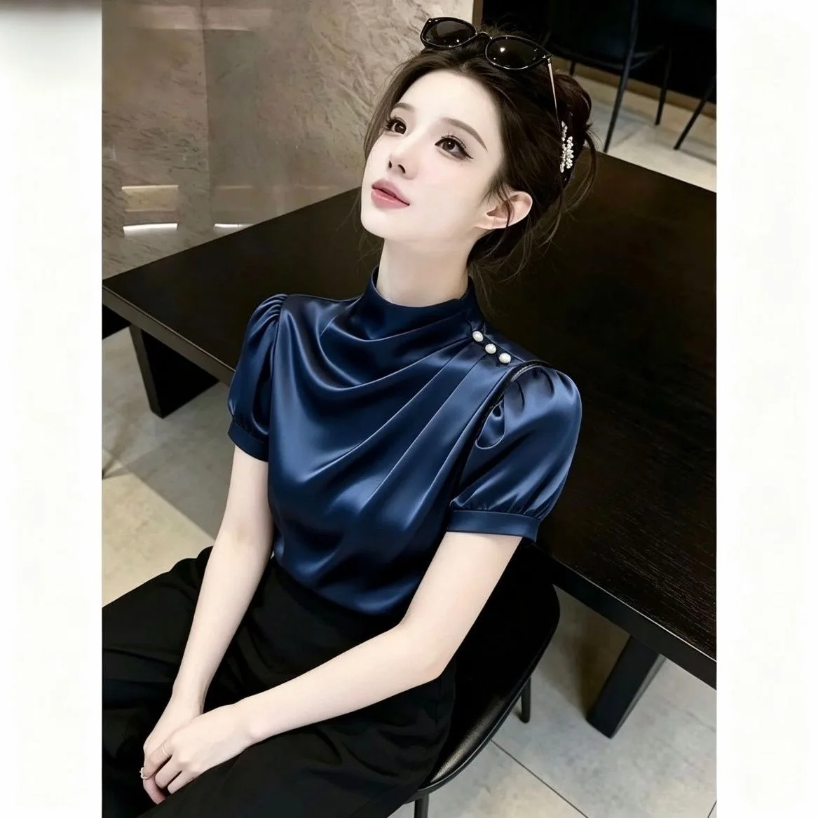

Elegant Satin Shirt Stand Collar Short Sleeve Women's Fashionable Slimming Top Black Summer New Arrival Breathable Polyester