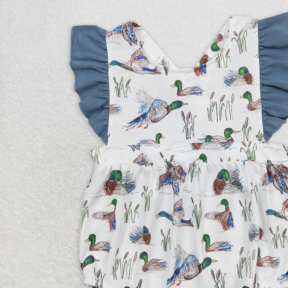 Baby Girls Summer Romper with Duck Straps Ruffle And Flutter Sleeves Cute Duck Design Infant Girls' Summer Clothing