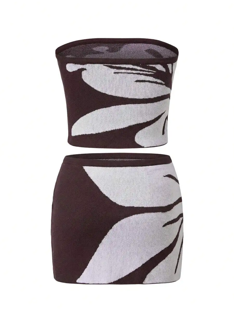 

Women 2 Piece Knit Set Floral Print Strapless Tube Top And Mini Skirt Summer Beach Outfit