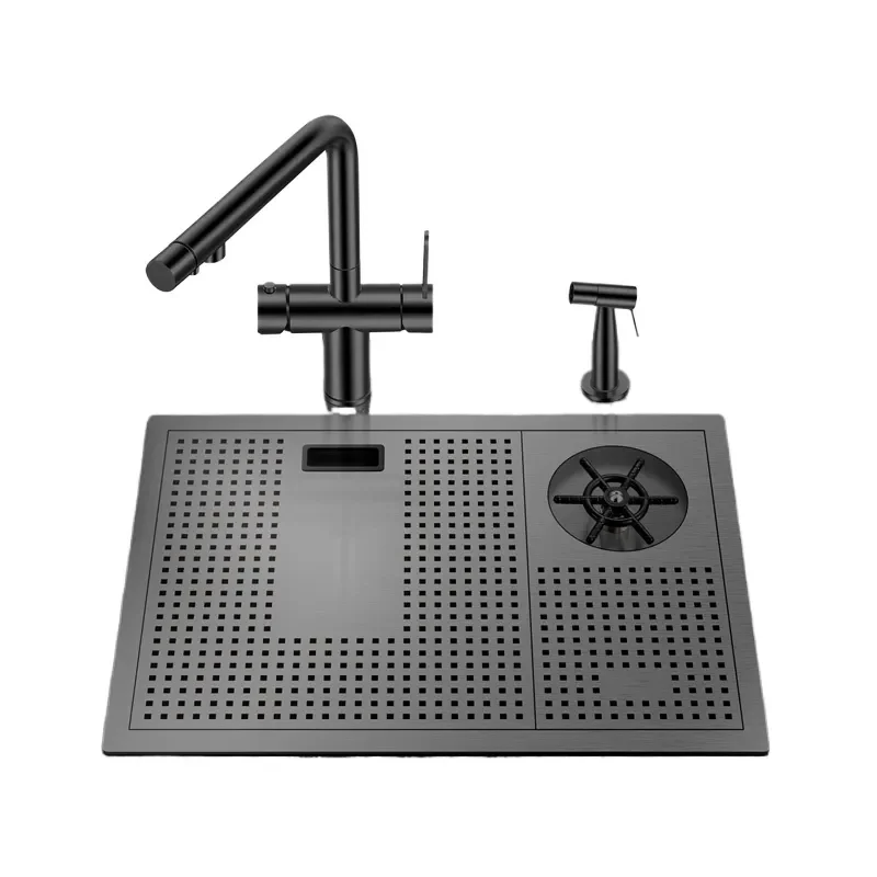 Black Nano Handmade Kitchen Sink with Rinser Drain and Kitchen Faucet