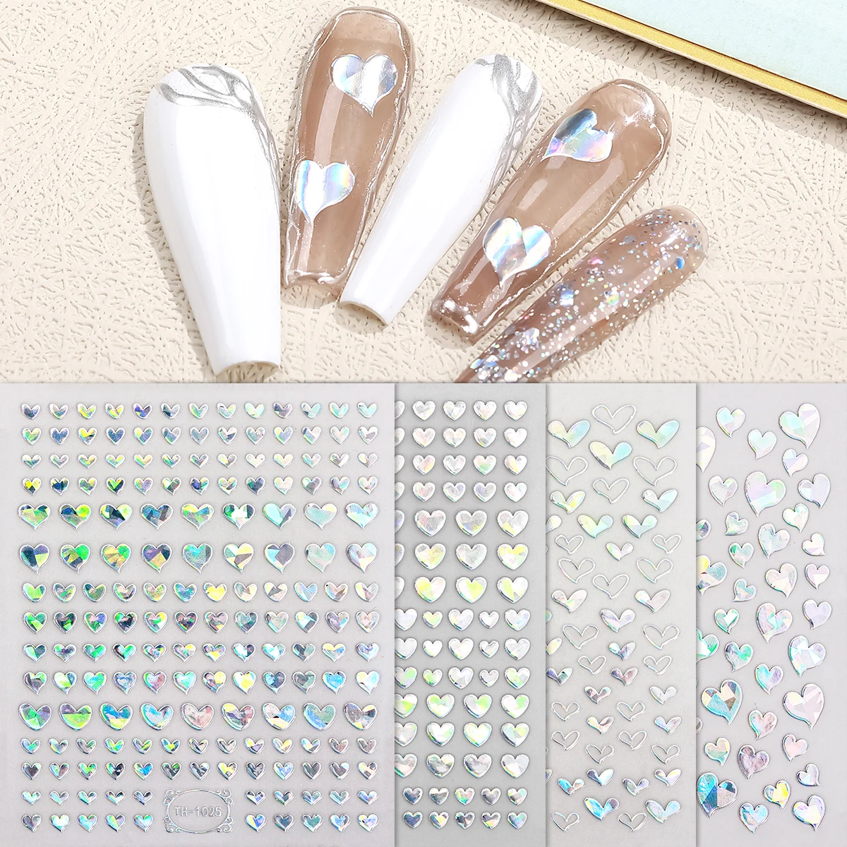 4pcs 3D Laser Heart Nail Art Sticker Y2K Sliver Hollow Heart Nail Decals Geometry Wave Lines Stripe Slider Manicure Decoration