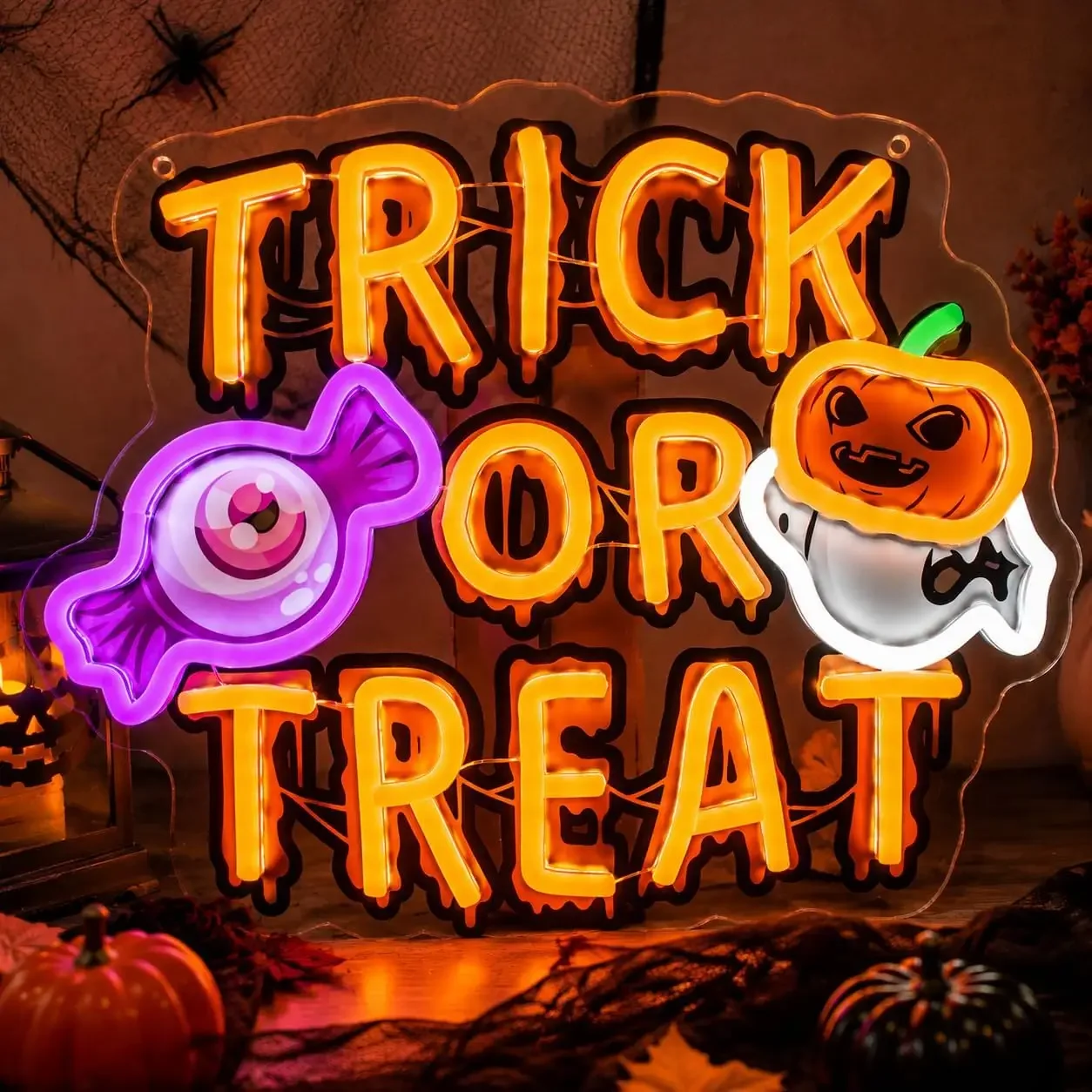 Trick Or Treat Neon Sign USB LED Neon Light  Halloween Party Gaming Room Door Porch Bedroom Aesthetic Decor Night Light Gift