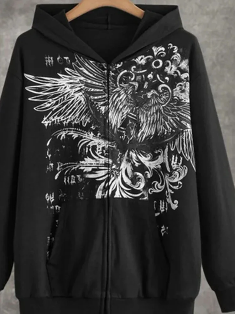 BIG PROMOTION European and American Autumn/Winter Women\'s Loose Version Personalized Street Eagle Print Zipper Cardigan Hoodie