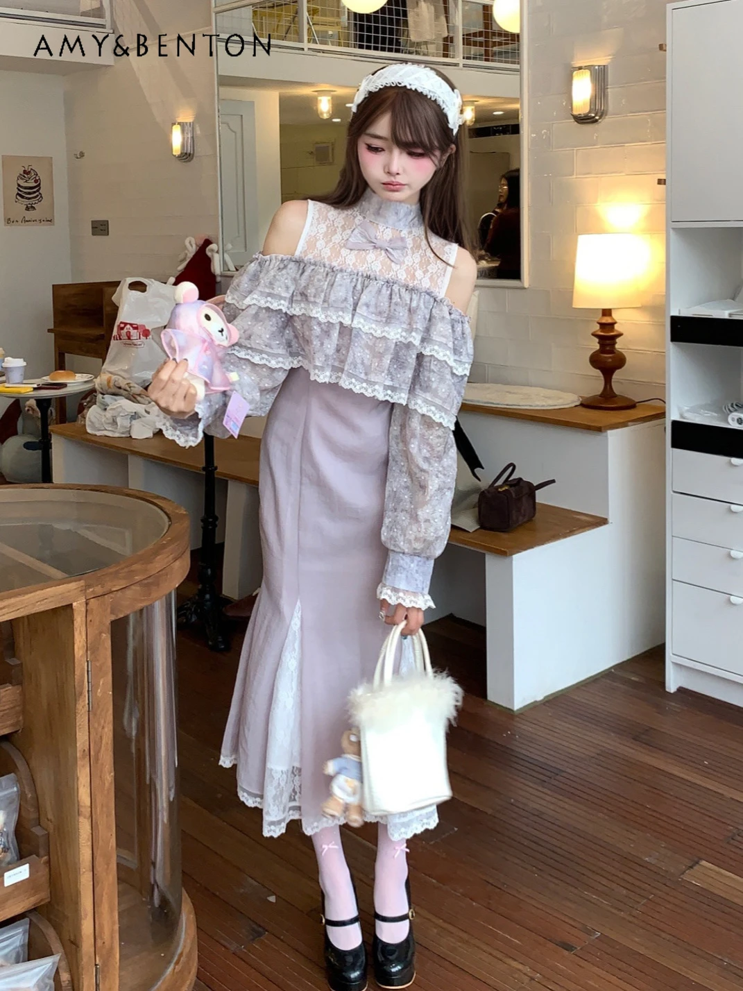 

Elegant Temperament Princess Dress Summer New Stand-up Collar Lace Off-shoulder Long-sleeved Slim Fishtail Dress Long Dresses