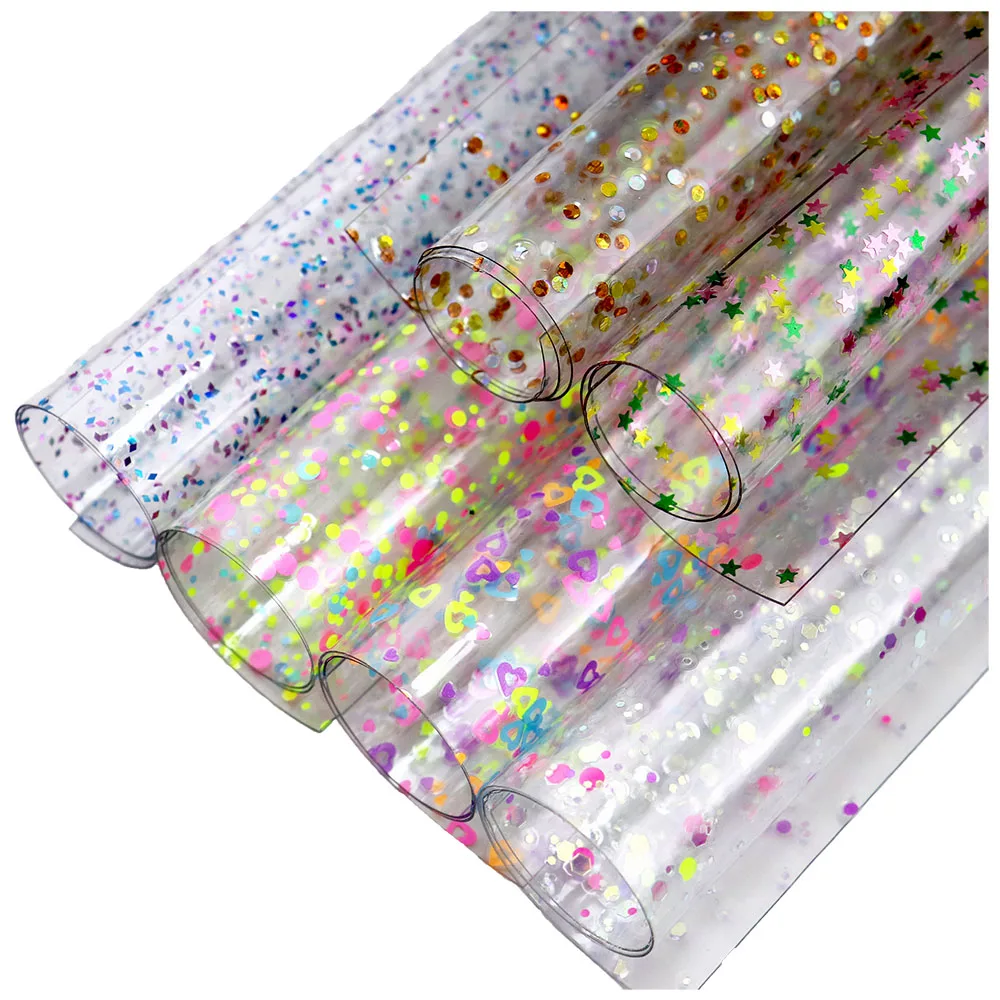 30x132cm Roll Clear Ultra-Transparent Withe Glitter Powder Love Hearts Star Color Dot PVC Jelly Fabric For Handbags BH041