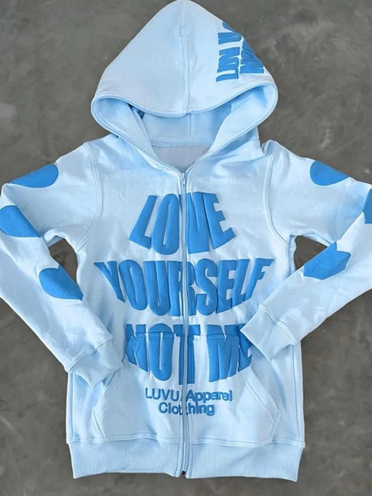 Y2K Lettre Imprimé Sweat À Capuche Haute Rue À Manches Longues Zip Up Hoodies Automne Hiver Rétro Hip Hop Casual Veste Manteaux