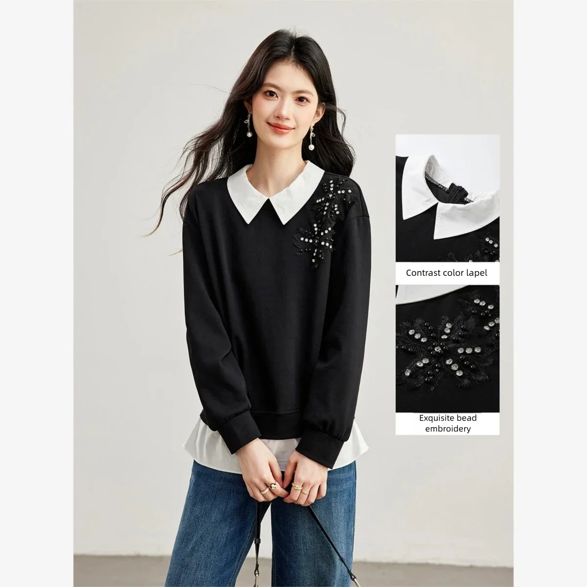 VIMLY Black Sweatshirt Women 2026 Autumn New Fake Two‑piece Beaded Embroidered Lapel Pullover Fashion Elegant Top Ladies A7612