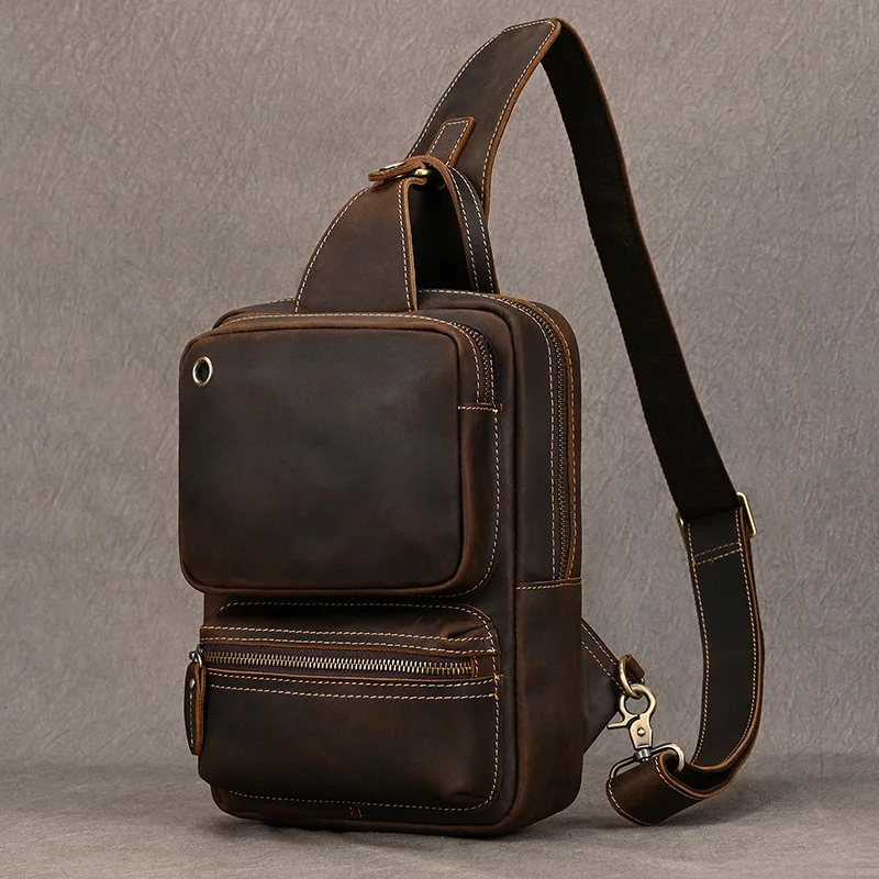 Crazy Horse Leather Breast Bag Large Capacity Men's Casual Crossbody Cowhide One Shoulder Can Hold iPad