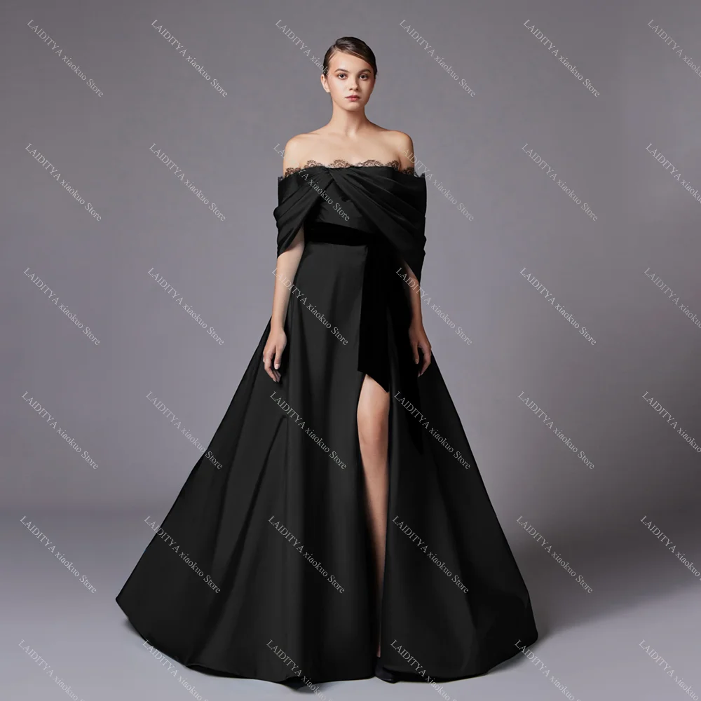 فساتين حفلة موسيقية للنساء أزياء من الدانتل مطوي قبالة الكتف فساتين الحفلات الأنيقة الرسمية ذات الشق الجانبي بطول الأرض فساتين السهرة