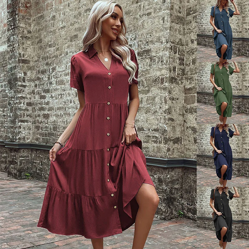 Retro Casual Women's Summer Long Dress Boho Solid Color Short Sleeve Button Beach Sundress Shirt Skirt Maxi Dresses Vestidos