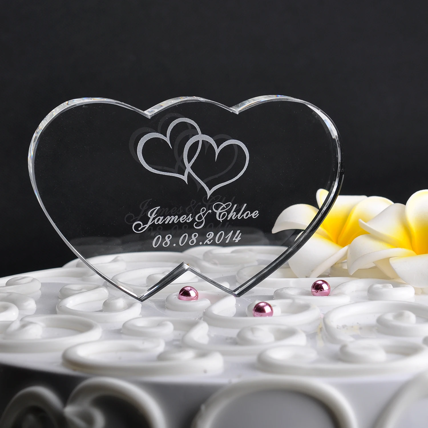 Personalized Wedding Double Heart Cake Topper, Artificial Crystal  with Script Name and Time, Etched  Anniversary Cake Topper