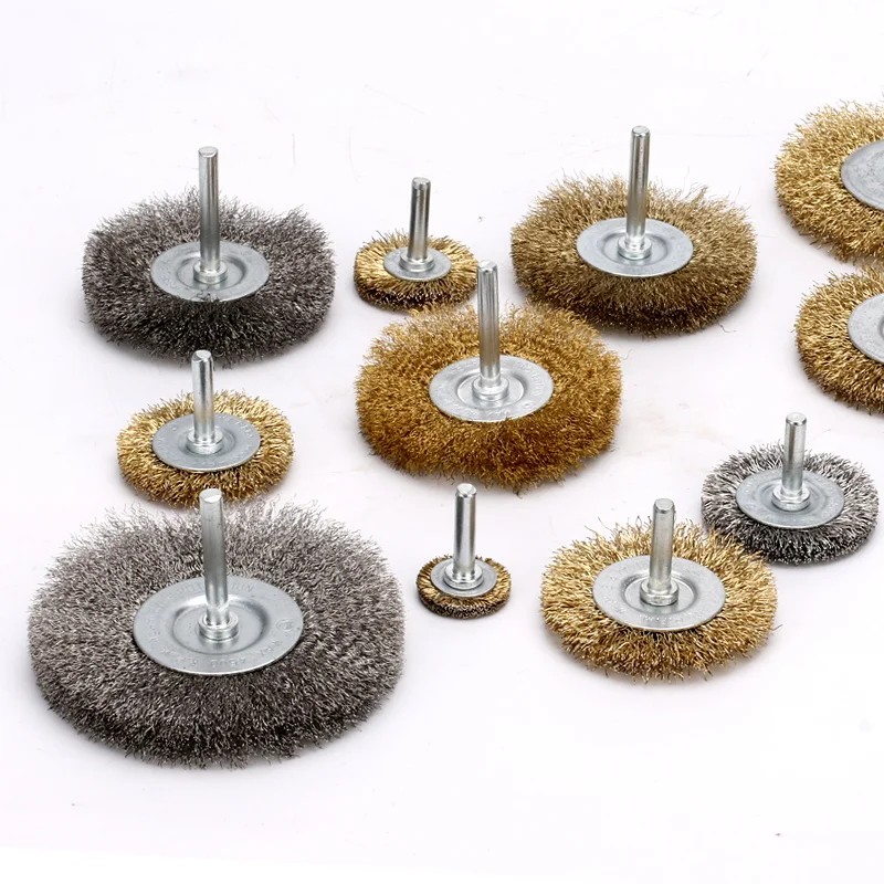 3/5/6 Stück 6mm 1/4" Schaft Messingbeschichtete Kohlenstoffstahl-Drahtbürste (Teller-/Rad-/Endbürste) für Bohrmaschinen und Rotationswerkzeuge zur Metallrostentfernung, Polieren und Reinigen – Detail 1