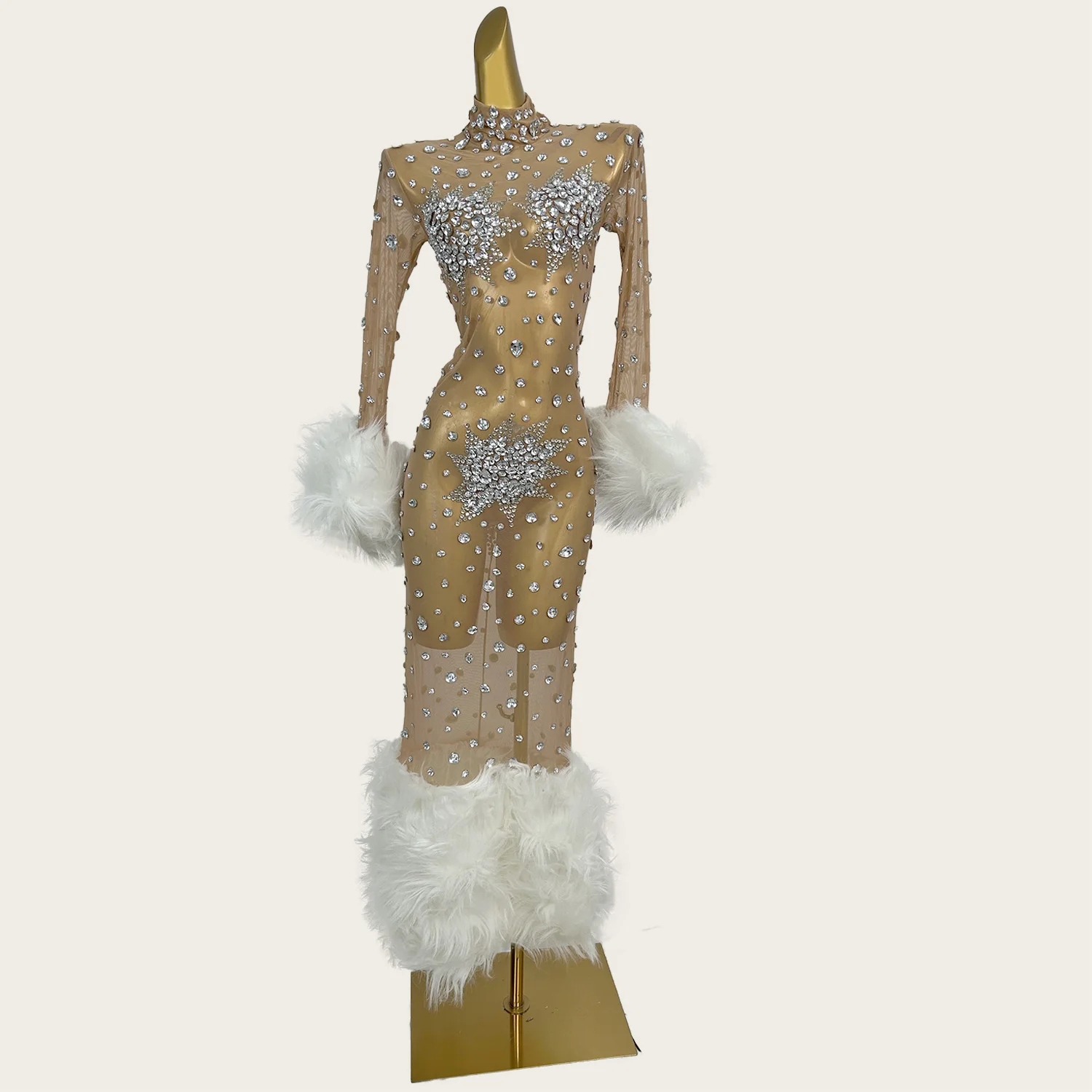 

Fashion Feather See Through Mesh Long Dress Sexy Women Sparkly Rhinestone Evening Dress Gala Prom Red Carpet Formal Dress Guibin