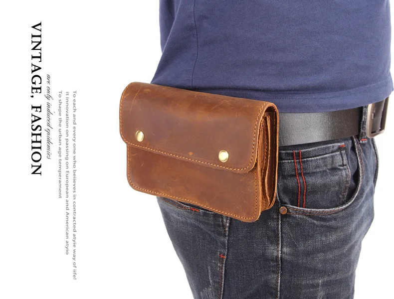 

Mobile phone waist bag, double-layer three-zipper bag cover, top layer, crazy horse leather casual multi-functional belt bag