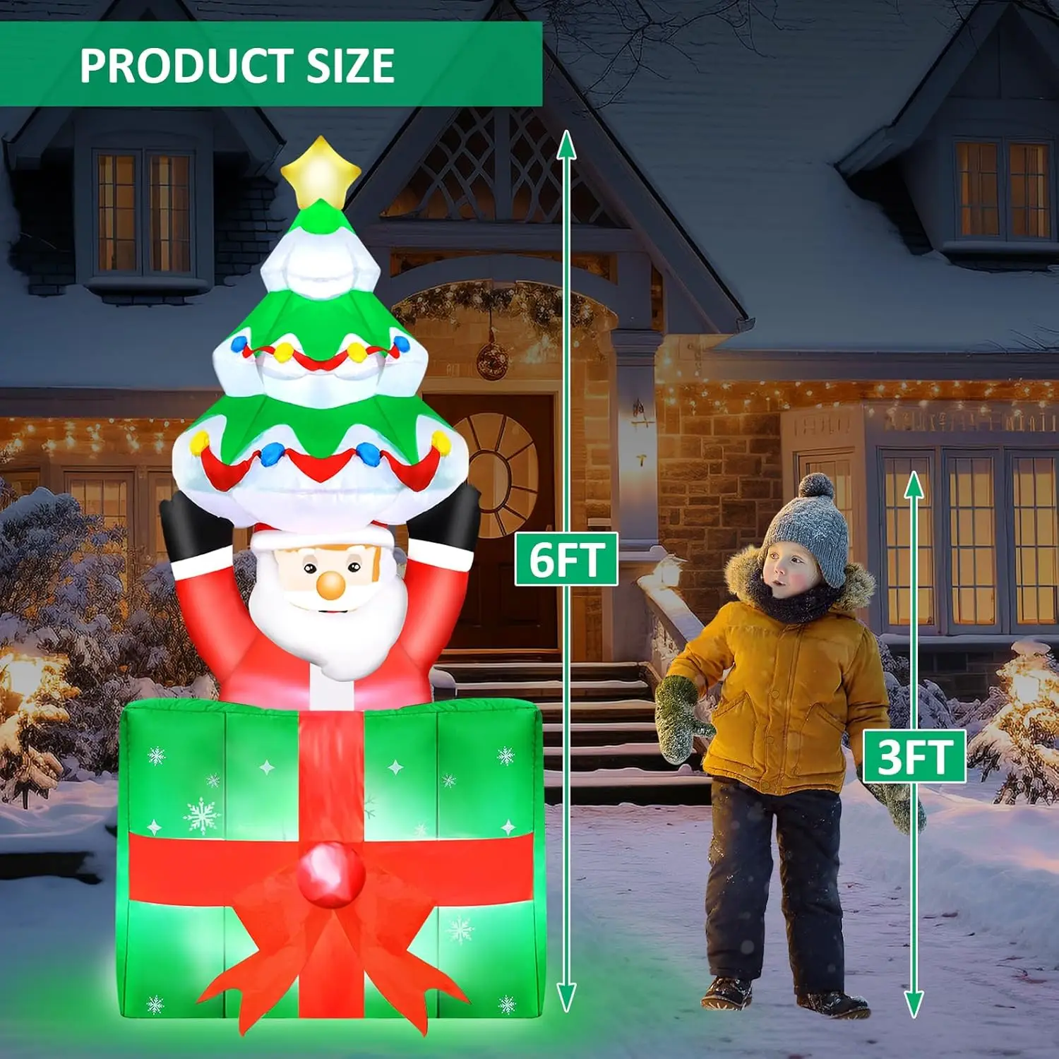 Christmas Inflatable Santa Outdoor Decoration Liftable Santa Claus Holding Christmas Tree Up ＆ Down in Gift Box Xmas Decor Toys