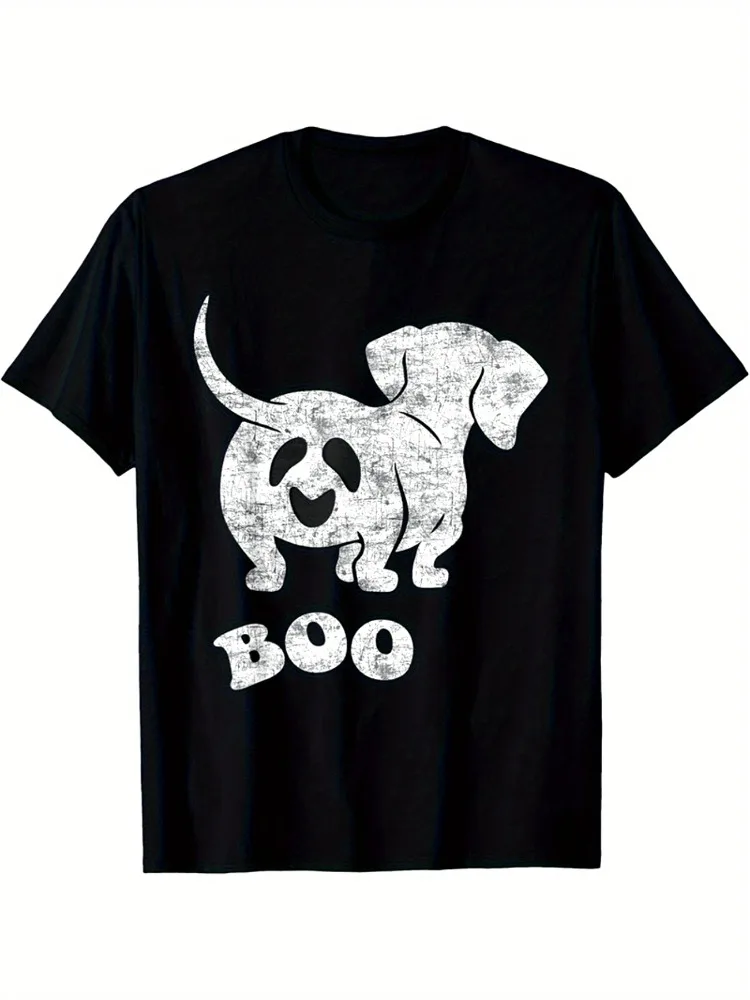 Boo Dachshund Ghost Dog Vienna Sausage Halloween T-Shirt Crew Neck T-Shirt Short Sleeve Casual Top Men's and Women's Clothing
