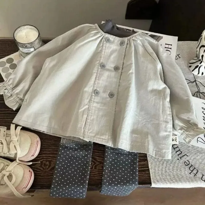 

Girls' Spring Coat 2025 New Style Retro British Style Double breasted Round Neck Children's Windbreaker