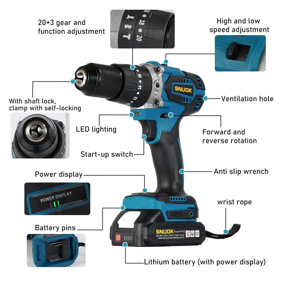 Snuok Бесщеточная многофункциональная электрическая ударная дрель 120N.M Аккумуляторный электроинструмент для домашнего ремонта для литиевой батареи Makita 18 В