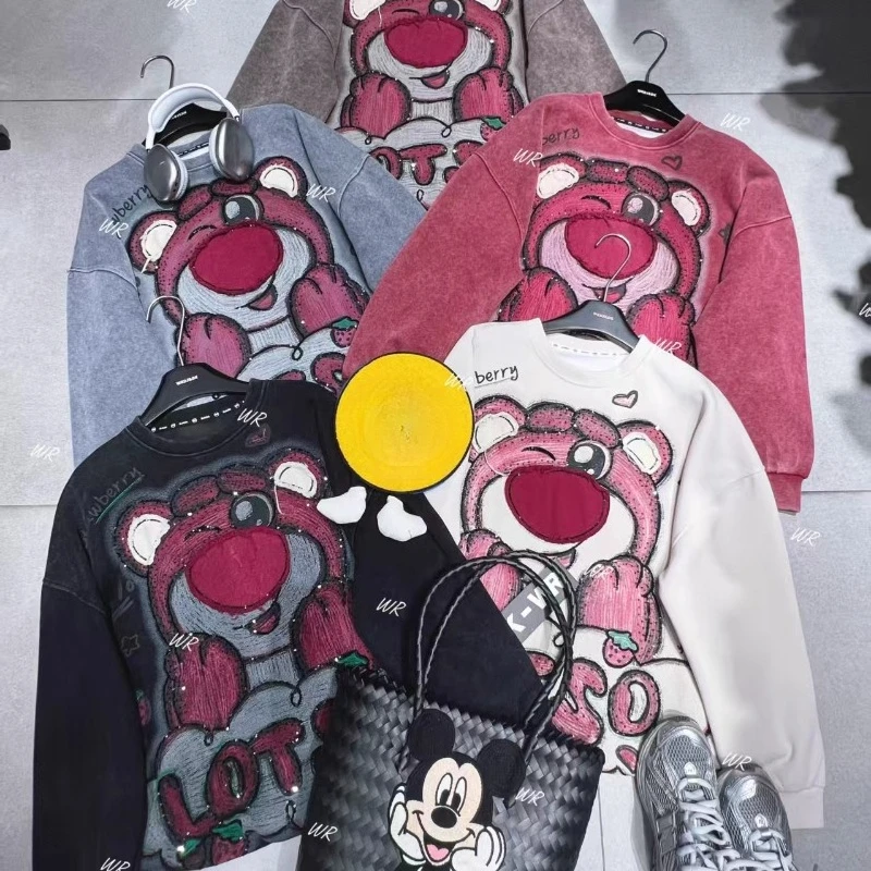 2025 Autumn New Heavy Industry Cartoon Y2k Hoodies Jacket Medium And Long O-Neck Fashion Loose Casual Sweatshirts Top Pullovers