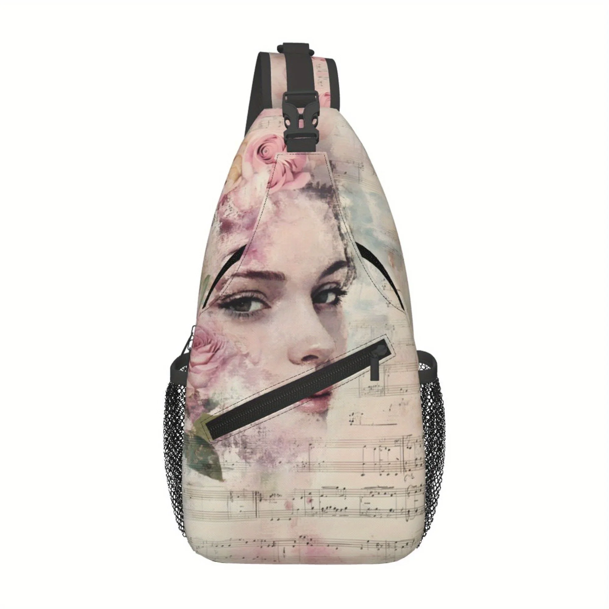 

Vintage Pink Rose Music Score Chest Bag Durable Polyester Stylish Crossbody Bag with Zipper Closure Backpack