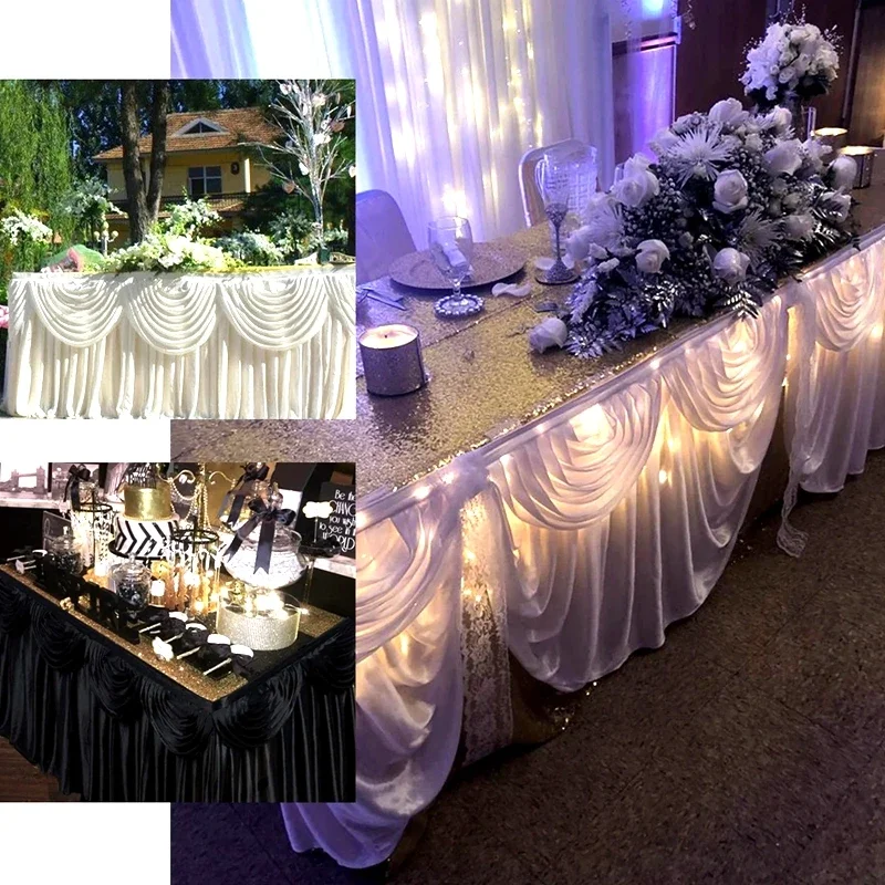 

Sale By Meter Ice Silk Table Skirt With Swag Drape Poly Tablecloth Skirting Event Party Wedding Banquet Decoration