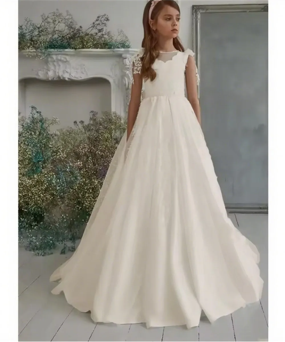 Elegante flor menina vestido de casamento apliques pérolas arco sem mangas cetim boho princesa crianças festa aniversário primeira comunhão vestido