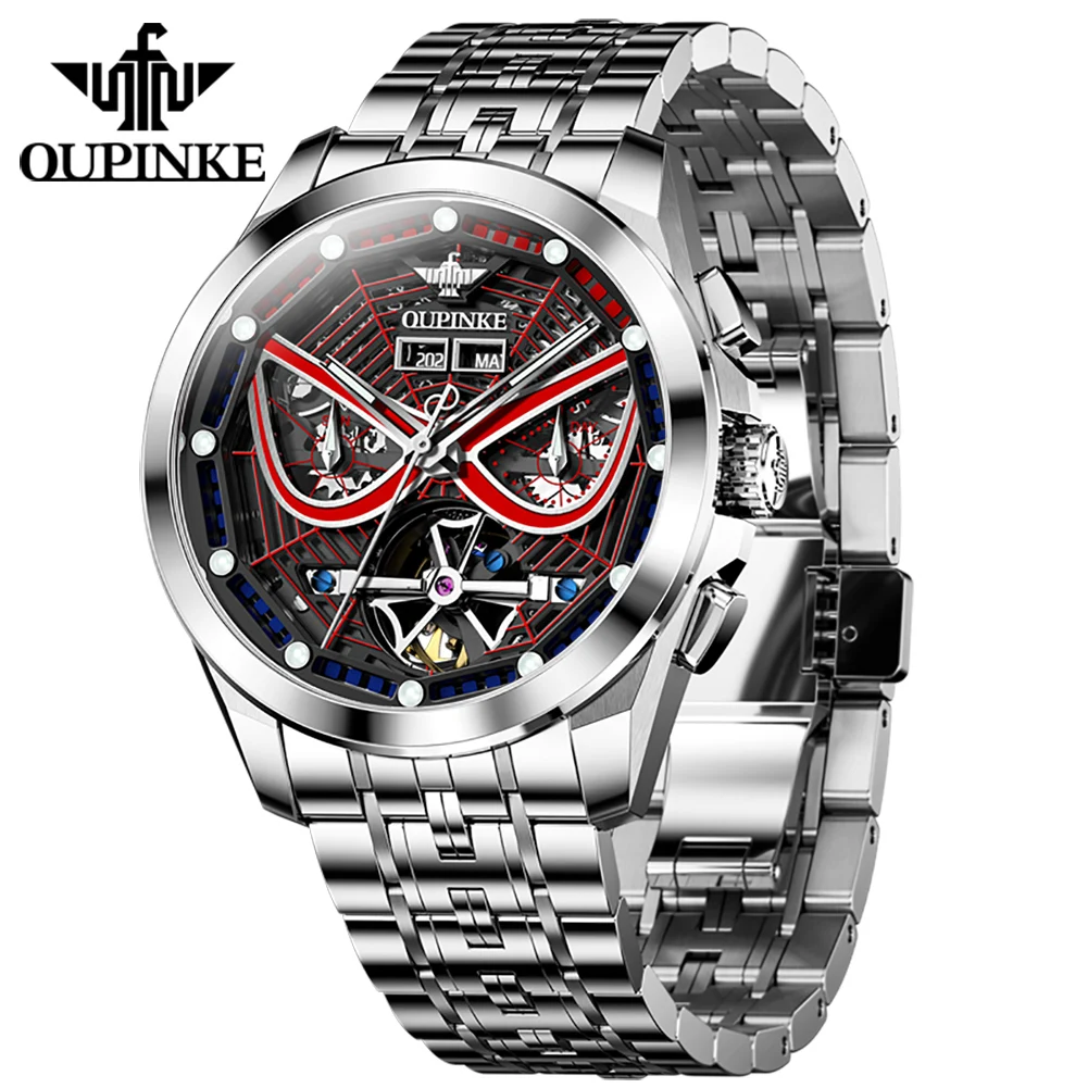 OUPINKE New Automatic Mechanical Wrist Watch for Men 3D Skeleton Flywheel Spider Armor Cool Dial Luxury Top Brand Men's Watches