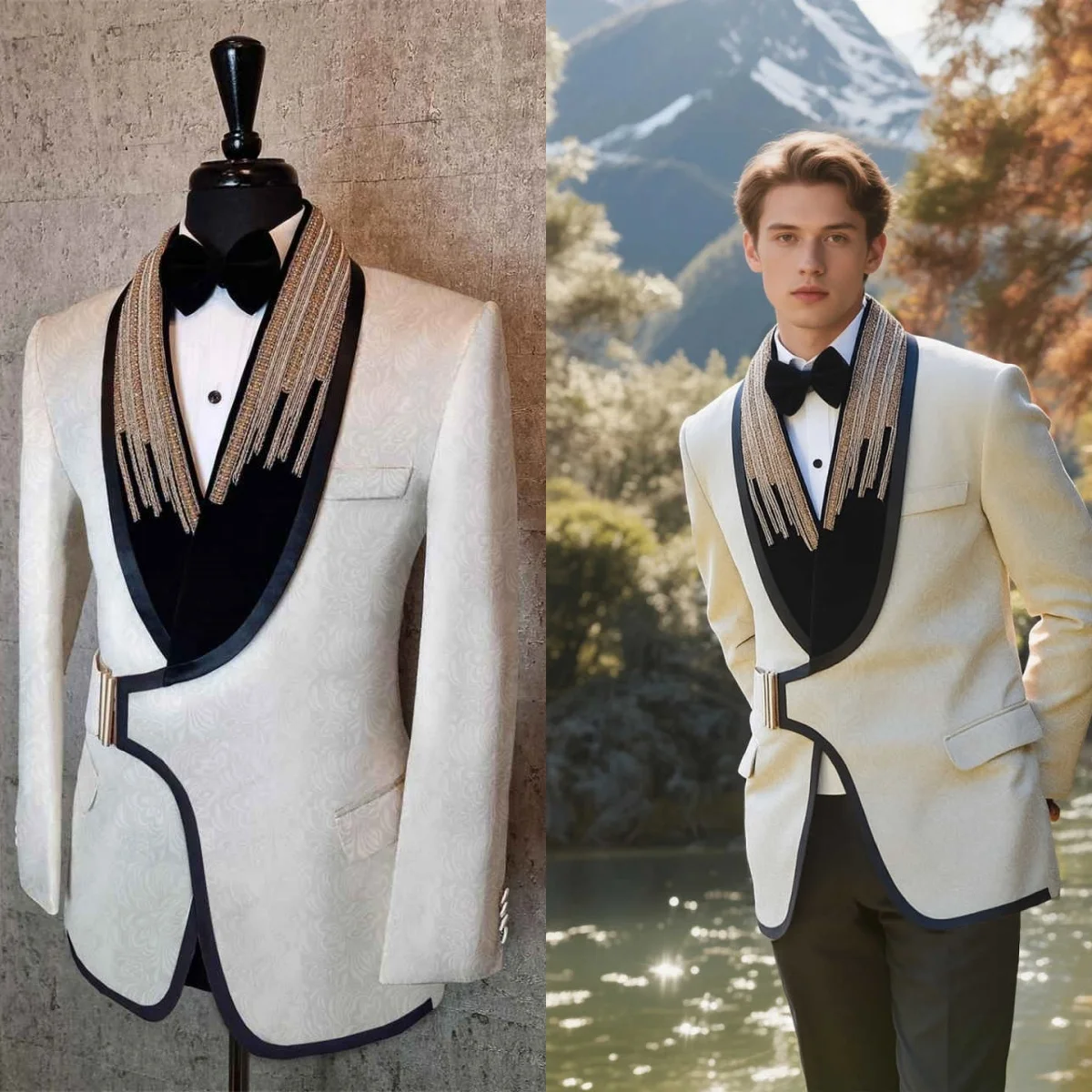 

Повседневные свадебные смокинги, жаккардовые мужские костюмы из бисера, бархатная шаль с лацканами, цельный комплект, куртка, красивые пиджаки для жениха по индивидуальному заказу