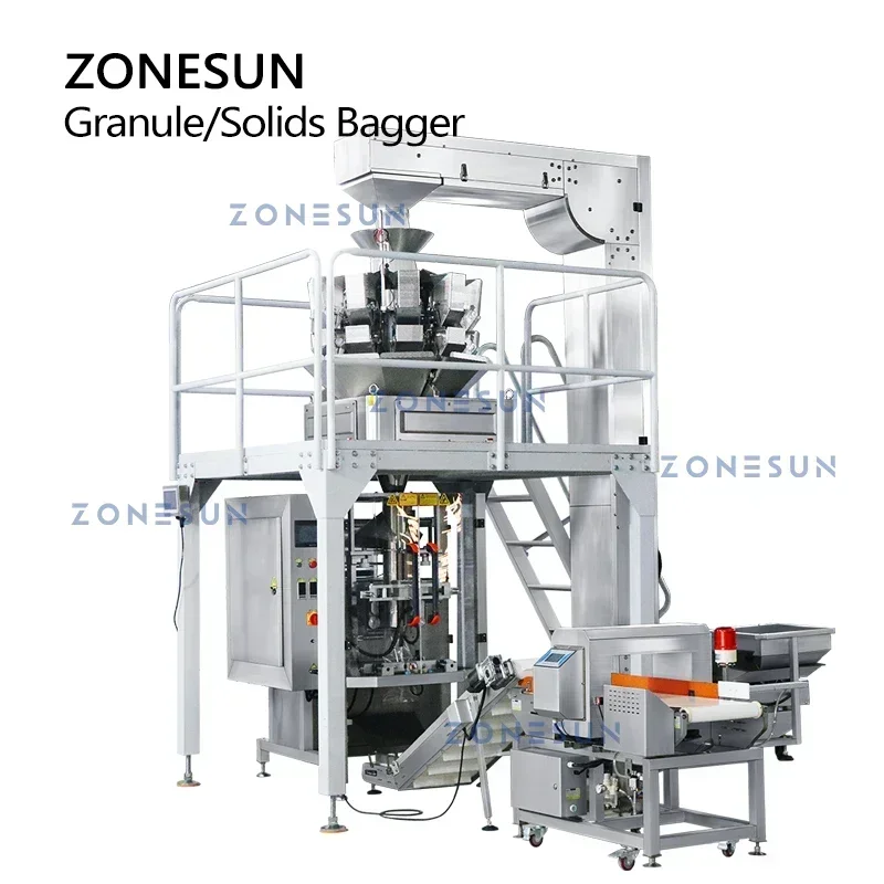 ZONESUN Insaccatore di granuli ZS-GW10 Fagioli Semi di sesamo Metal Detector Controllo Pesatrice Z Alimentatore Solidi Linea di produzione di imballaggi alimentari